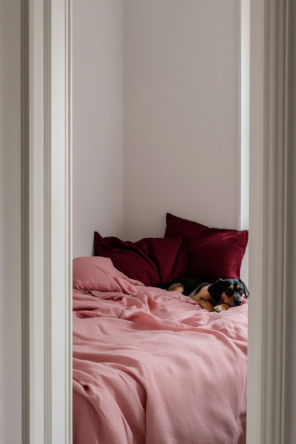 Hund schläft auf einem Bett