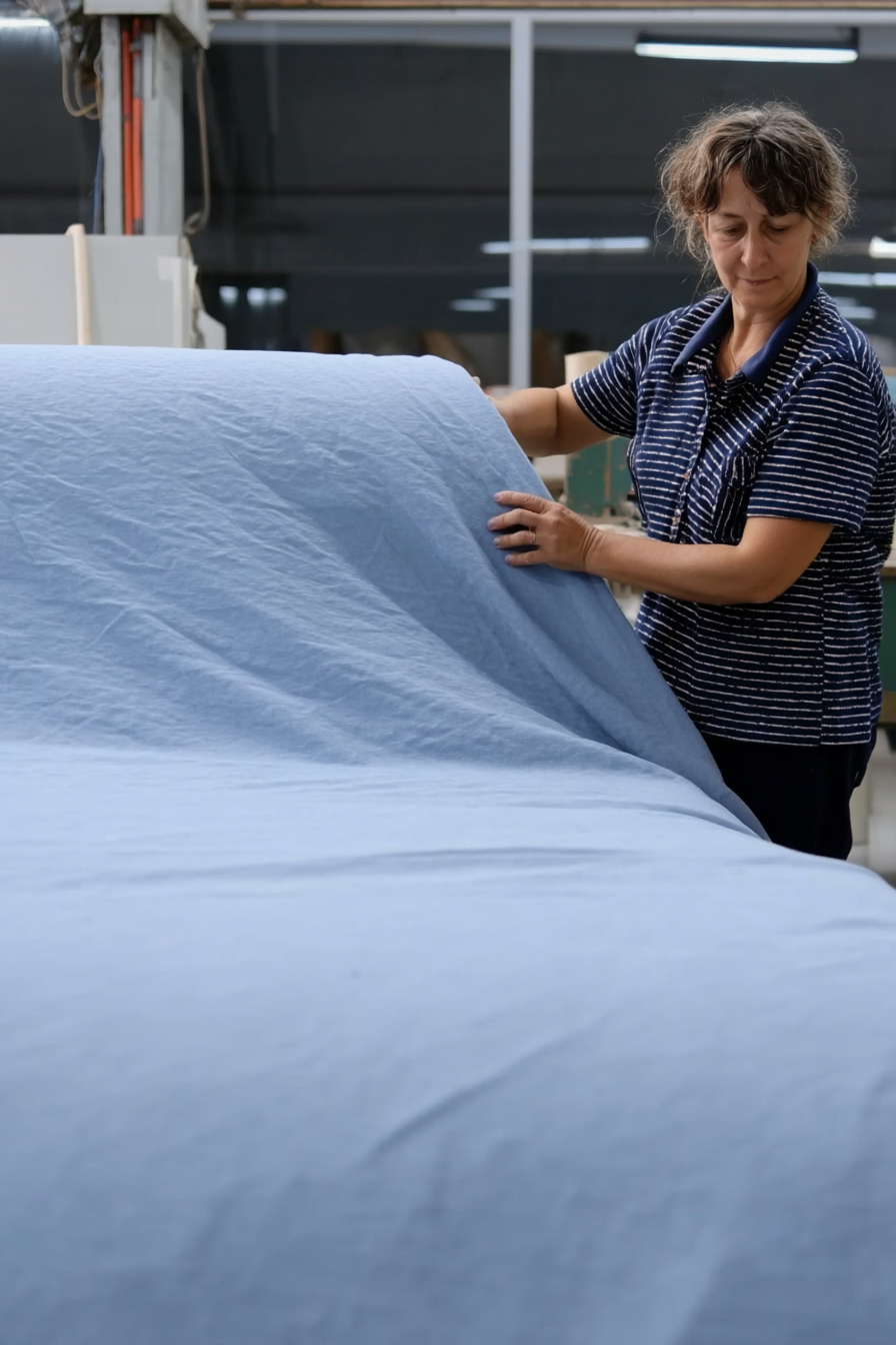 Die Arbeiterin steht neben dem großen blauen Baumwollbettwäsche-Stoff. Sie wirft ihn auf eine leere Leinwand, auf der weitere Baumwollstücke in einer Lage liegen werden.